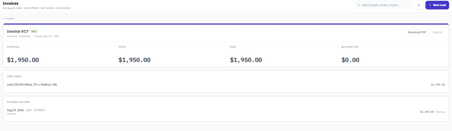 An Eden One invoice — line items, totals and remit-to details